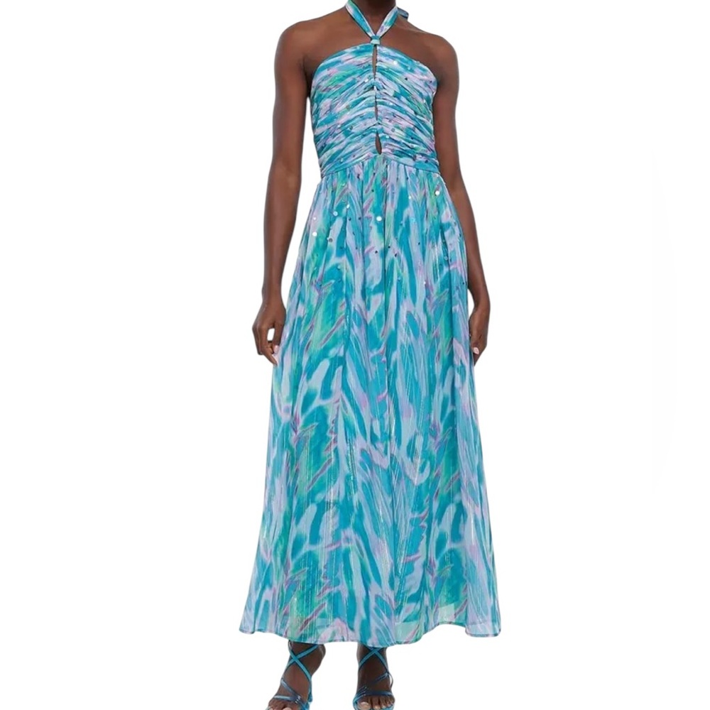River Island Teal/Purple/White with Sequins Chiffon Harper Halter Maxi Dress 12